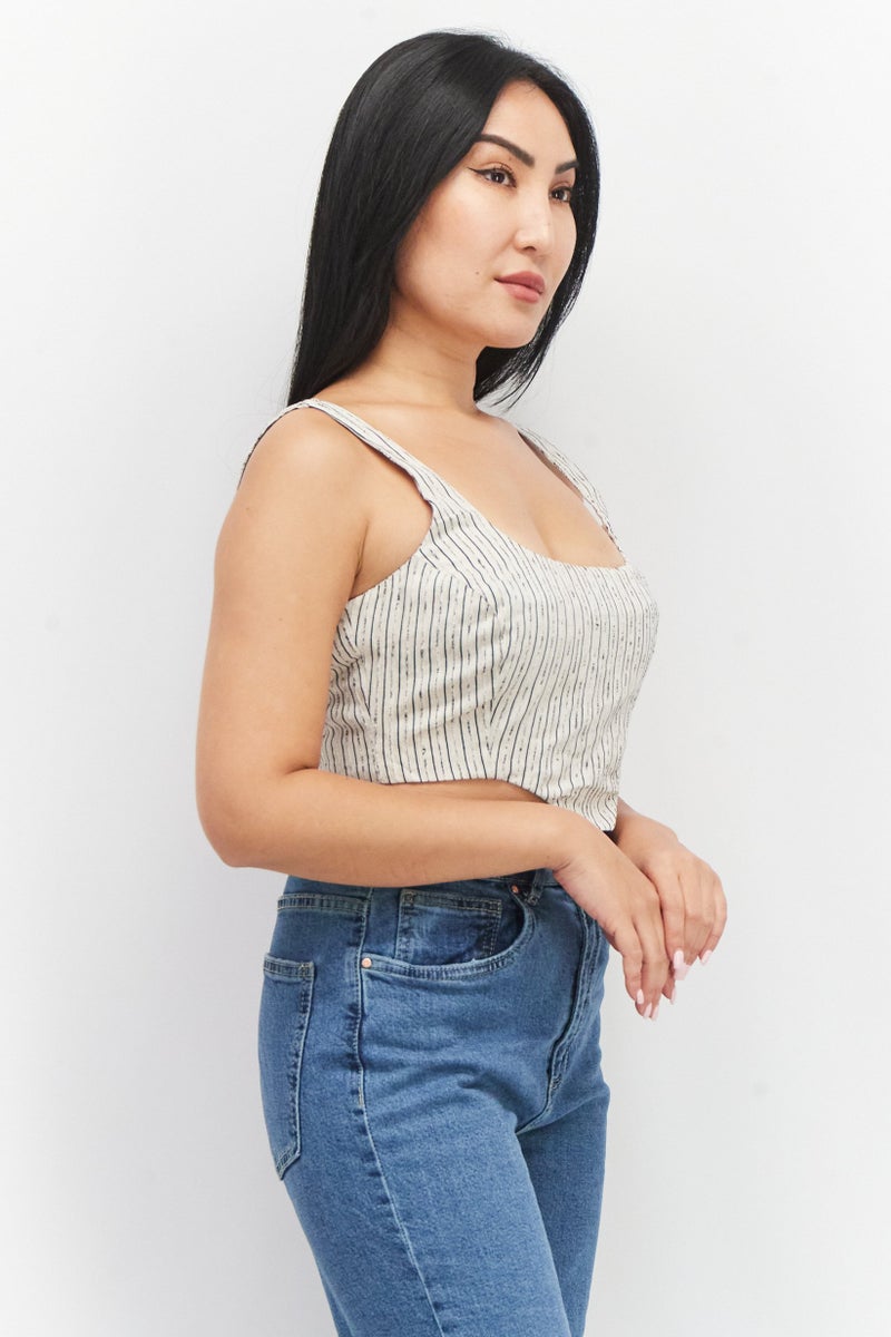 Reserved Women Scoop Neck Sleeveless Textured Cropped Top, Beige - Image 3