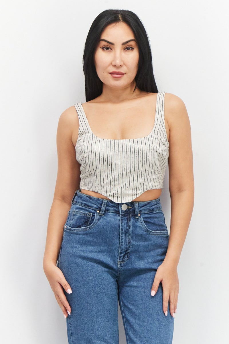 Reserved Women Scoop Neck Sleeveless Textured Cropped Top, Beige - Image 1