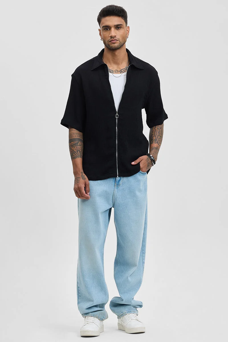 سنيتش Black Textured Half Sleeve Oversized Casual Shirt