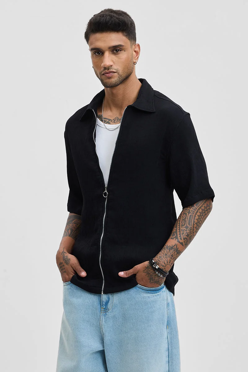 سنيتش Black Textured Half Sleeve Oversized Casual Shirt