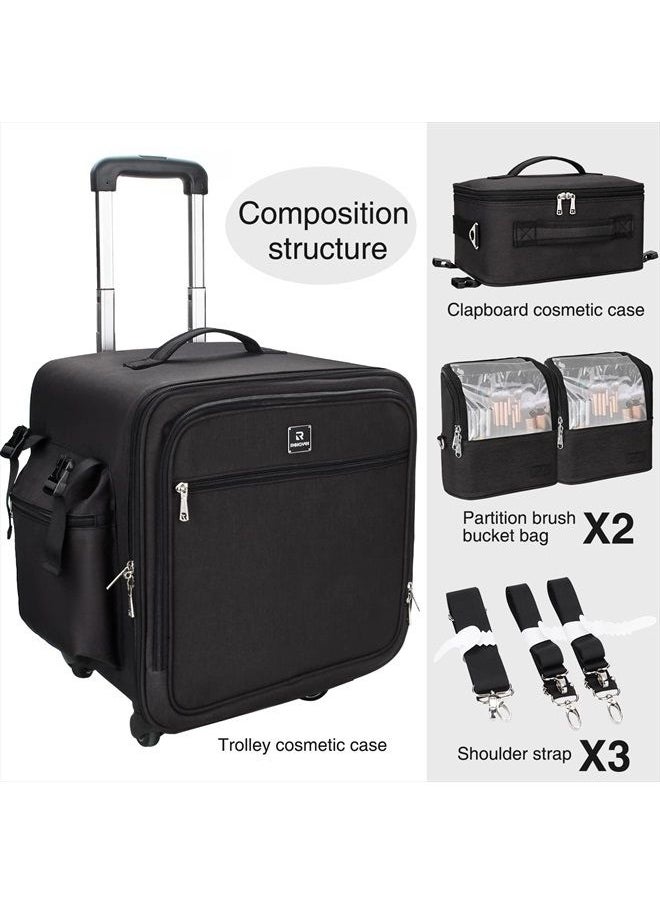 Relavel Rolling Makeup Case Professional Makeup Train Case Makeup Artist Travel Organizer 4 in 1 with Detachable Cosmetic Case and Dual Makeup Brush Case and Wheels (Black, 4-Pack)  - Image 2