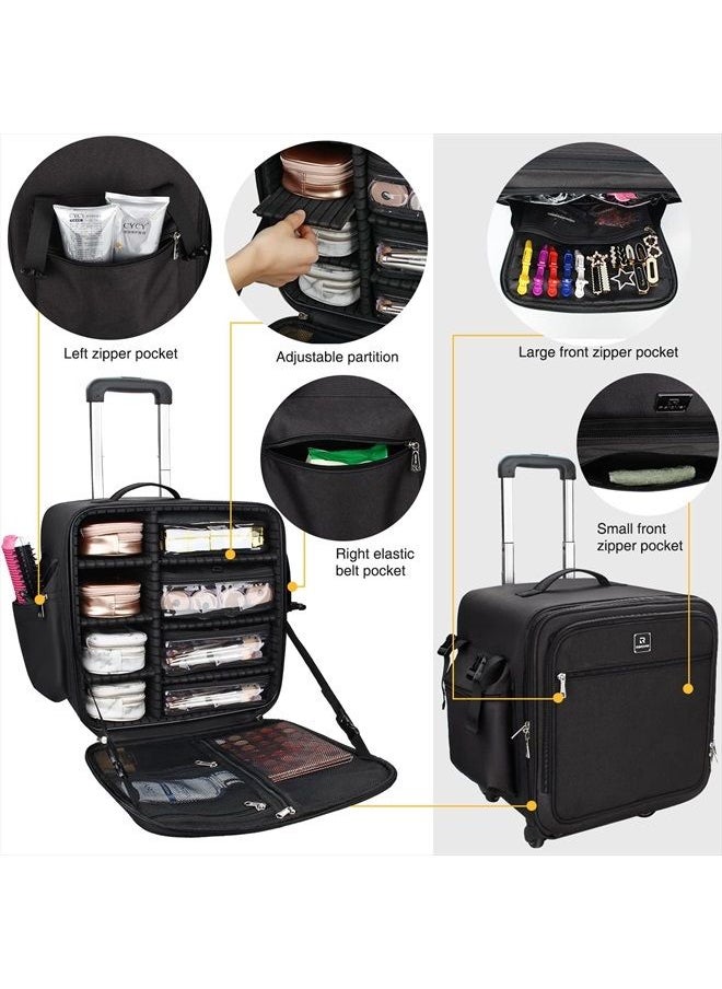 Relavel Rolling Makeup Case Professional Makeup Train Case Makeup Artist Travel Organizer 4 in 1 with Detachable Cosmetic Case and Dual Makeup Brush Case and Wheels (Black, 4-Pack)  - Image 3