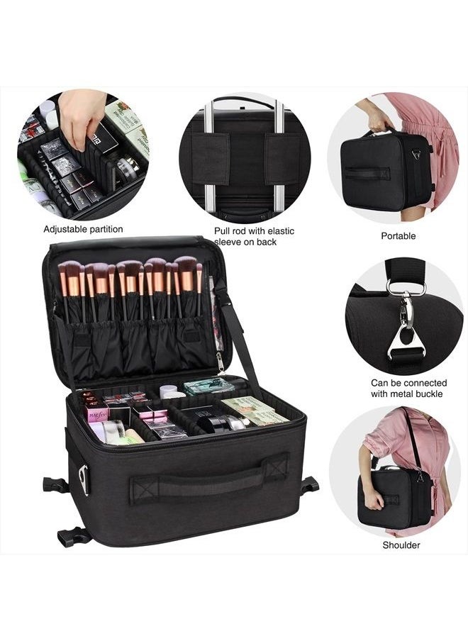 Relavel Rolling Makeup Case Professional Makeup Train Case Makeup Artist Travel Organizer 4 in 1 with Detachable Cosmetic Case and Dual Makeup Brush Case and Wheels (Black, 4-Pack)  - Image 4