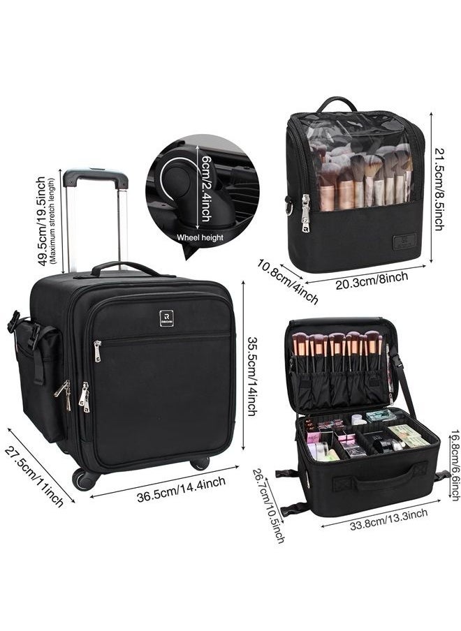 Relavel Rolling Makeup Case Professional Makeup Train Case Makeup Artist Travel Organizer 4 in 1 with Detachable Cosmetic Case and Dual Makeup Brush Case and Wheels (Black, 4-Pack)  - Image 5