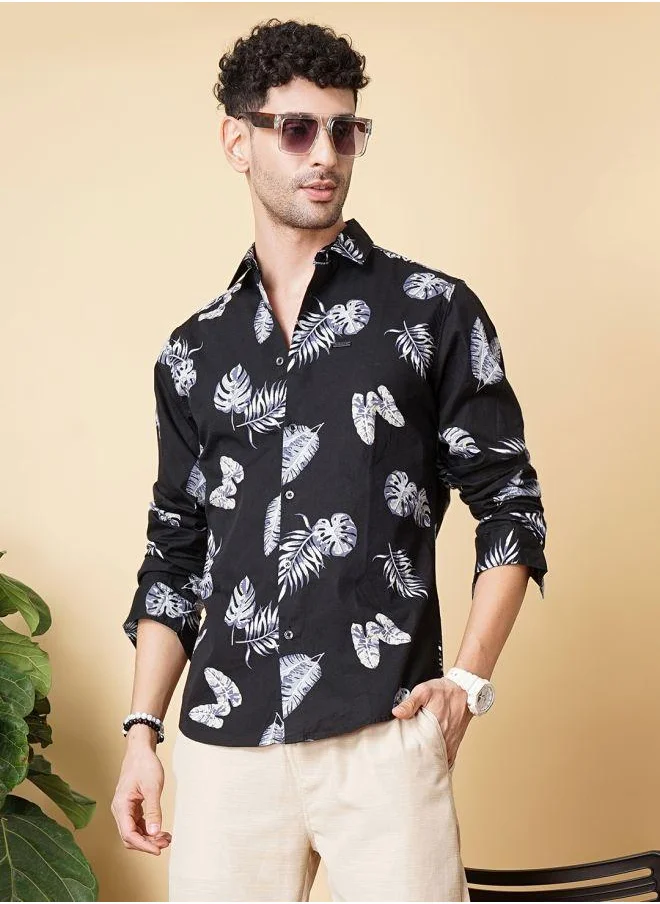 شركة المرآب الهندية Men Slim Fit Floral Printed Full Sleeves Cutaway Collar Casual Shirt