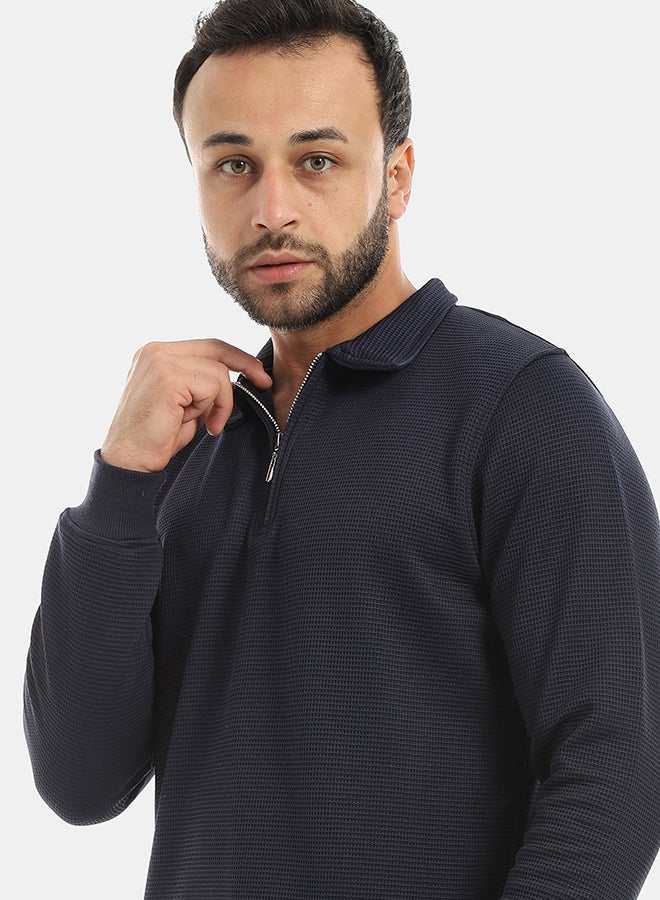 Andora Self Patterened Long Sleeves Half Zipper Closure Sweatshirt-Navy - Image 4