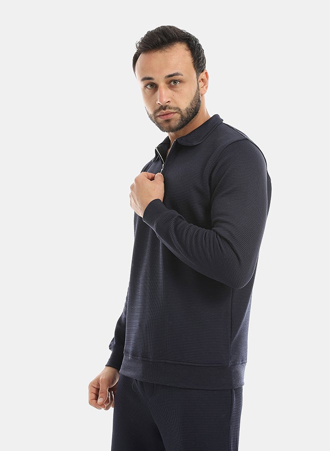 Andora Self Patterened Long Sleeves Half Zipper Closure Sweatshirt-Navy - Image 2
