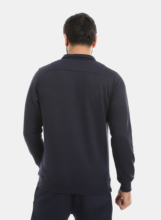 Andora Self Patterened Long Sleeves Half Zipper Closure Sweatshirt-Navy - Image 3