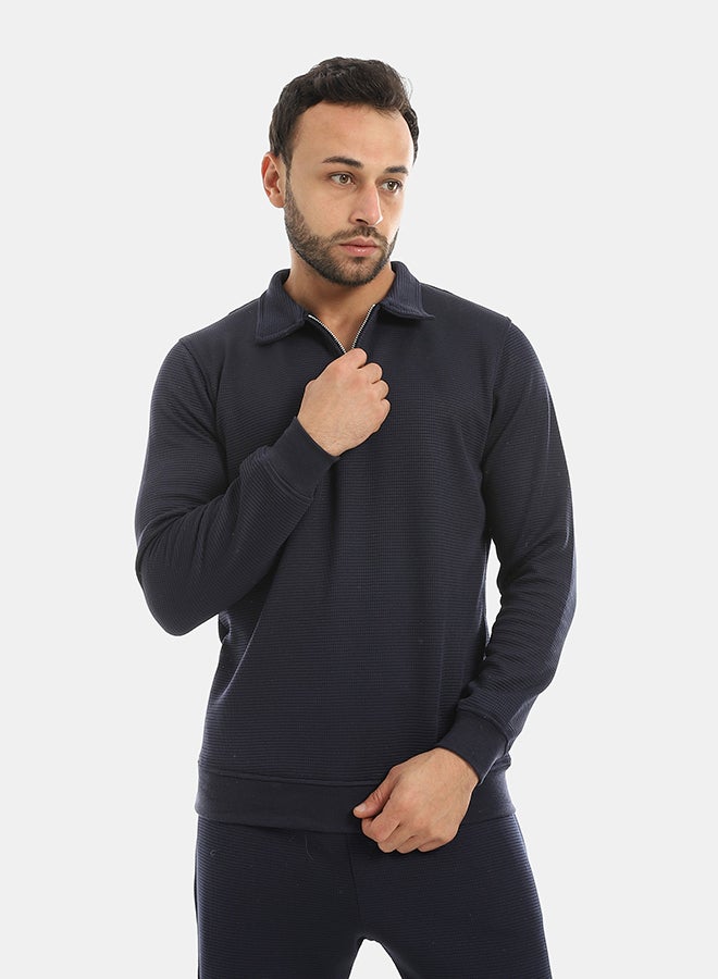 Andora Self Patterened Long Sleeves Half Zipper Closure Sweatshirt-Navy - Image 1
