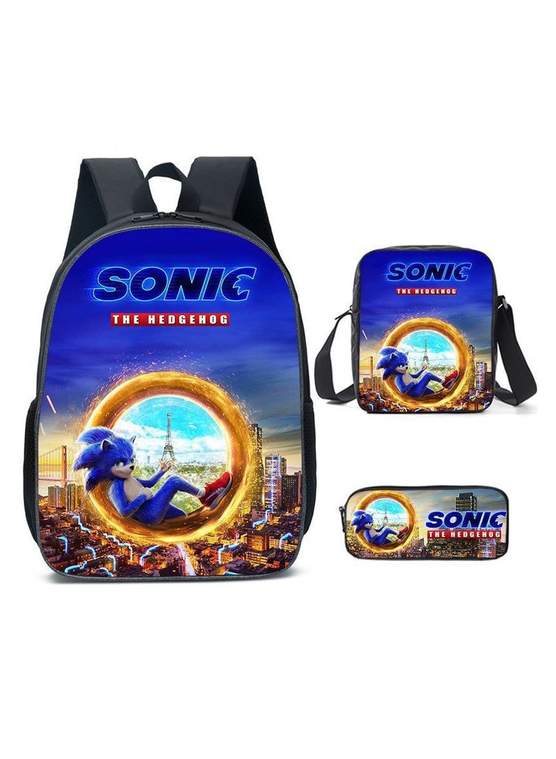 Sonic Primary School Backpack Cartoon Anime Backpack Messenger Bag Pencil Case Three-Piece Set 29*16*42cm