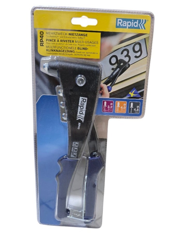 Rapid RP40 Hand Riveter – Stainless Steel, Single-Nozzle, Soft Grip, Black Finish - Image 1