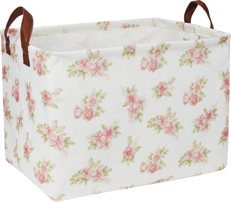 NTAOHAMPER Rectangular Pink Flower Basket for Girls, Storage Bin with Handles, Room Decor, Gift Basket(Pink Flower) - Image 1
