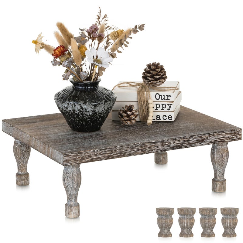 Hanobe Wooden Riser Decorative Tray: Farmhouse Wood Pedestal Display Stand - Rustic Brown Coffee Table Decor for Kitchen Dining Home Decor, Short & Tall Footed - Image 1