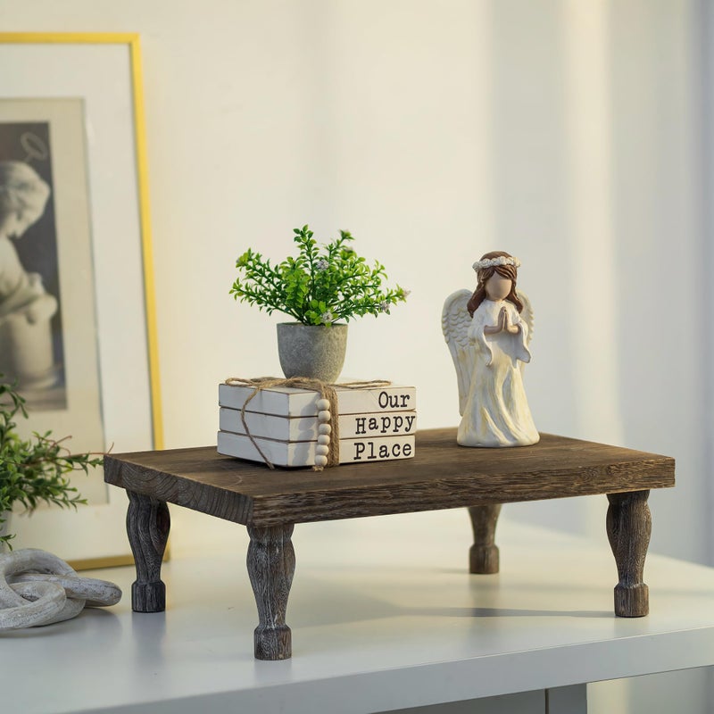 Hanobe Wooden Riser Decorative Tray: Farmhouse Wood Pedestal Display Stand - Rustic Brown Coffee Table Decor for Kitchen Dining Home Decor, Short & Tall Footed - Image 4