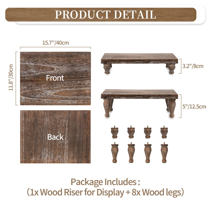 Hanobe Wooden Riser Decorative Tray: Farmhouse Wood Pedestal Display Stand - Rustic Brown Coffee Table Decor for Kitchen Dining Home Decor, Short & Tall Footed - Image 5