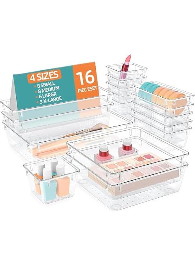 HOOKOR 16 PCS Drawer Organizer Set, 4-Size Clear Plastic Drawer Organizers Trays Bathroom Organizers Dresser Storage Bins Separation Box for Makeup, Jewelries, Gadgets, Bathroom, Office, Bedroom - Image 1