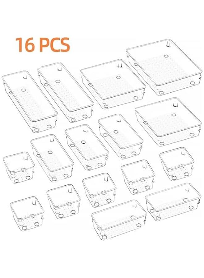 HOOKOR 16 PCS Drawer Organizer Set, 4-Size Clear Plastic Drawer Organizers Trays Bathroom Organizers Dresser Storage Bins Separation Box for Makeup, Jewelries, Gadgets, Bathroom, Office, Bedroom - Image 2
