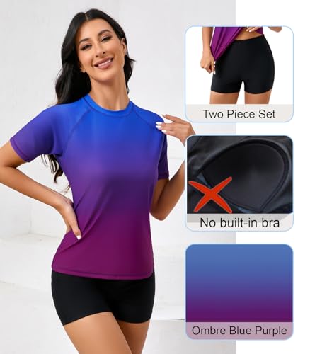 Halcurt Women Rash Guard Short Sleeve UV Shirt with Boyshorts Sun Protection Swim Sets Ombre S - Image 3