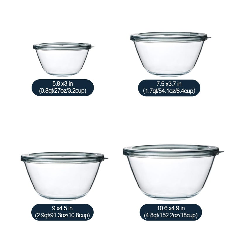 M MCIRCO Glass Mixing Bowls with Lids, 4 Packs Glass Bowl Set, Nesting Bowls for Meal Prep, Food Storage, Bowls For Cooking, Baking, BPA-Free, 0.8/1.7/2.9/4.8 Qt - Image 2