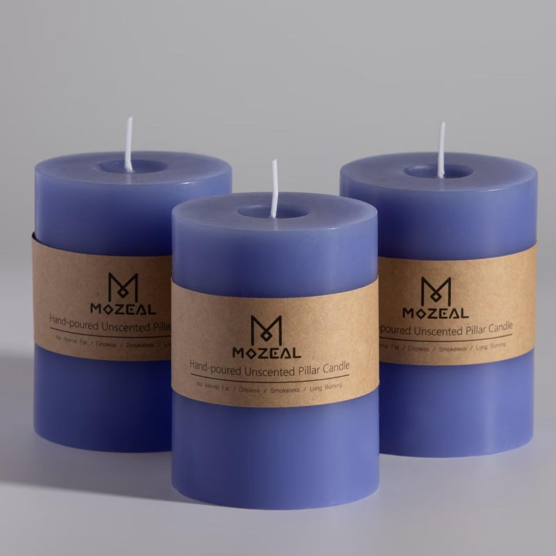 MOZEAL 3" x 4" Hand-Poured Unscented Candle, Dripless Pillar Candle Set of 3, Long Clean Burning, Approx 72 Hours Burn Time, Rustic Country Style,Wedding, Spring Awakening, Home Decor,、Deep Periwinkle - Image 1