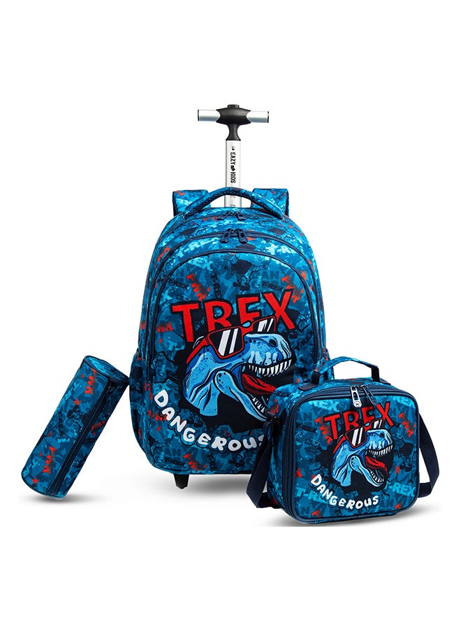 Eazy Kids 18Inch Set Of 5 Trolley School Bag With Bento Lunch Box Stainless Steel 640ml Water Bottle Lunch Bag And Pencil Case - TREX Dinosaur - Blue - Image 2