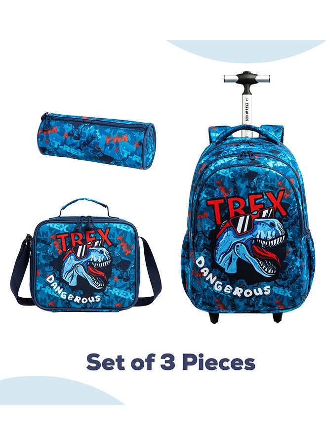 Eazy Kids 18Inch Set Of 5 Trolley School Bag With Bento Lunch Box Stainless Steel 640ml Water Bottle Lunch Bag And Pencil Case - TREX Dinosaur - Blue - Image 3