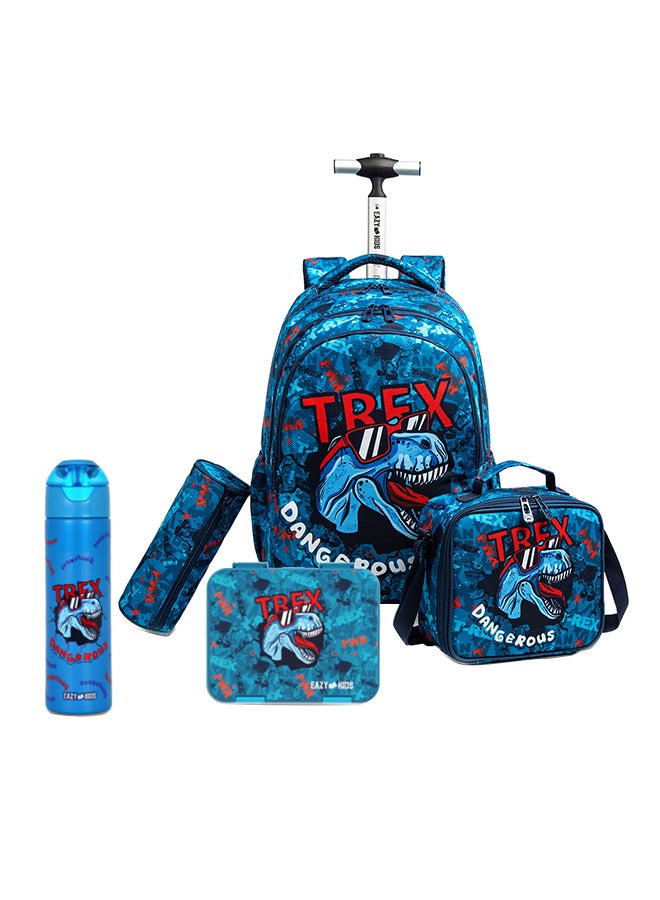Eazy Kids 18Inch Set Of 5 Trolley School Bag With Bento Lunch Box Stainless Steel 640ml Water Bottle Lunch Bag And Pencil Case - TREX Dinosaur - Blue - Image 1
