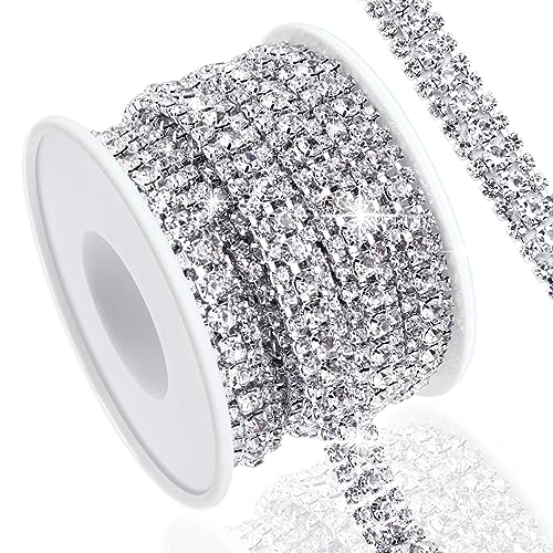 Towenm 3 Yards 3 Rows Crystal Rhinestone Chain Trim for Crafts, Silver Crystal Rhinestone Close Chain for Jewelry Making, Wedding Cake, Bouquet, Clothes, DIY Crocs, Cups, Rhinestone Sewing Trim - Image 1