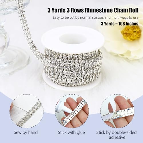 Towenm 3 Yards 3 Rows Crystal Rhinestone Chain Trim for Crafts, Silver Crystal Rhinestone Close Chain for Jewelry Making, Wedding Cake, Bouquet, Clothes, DIY Crocs, Cups, Rhinestone Sewing Trim - Image 2