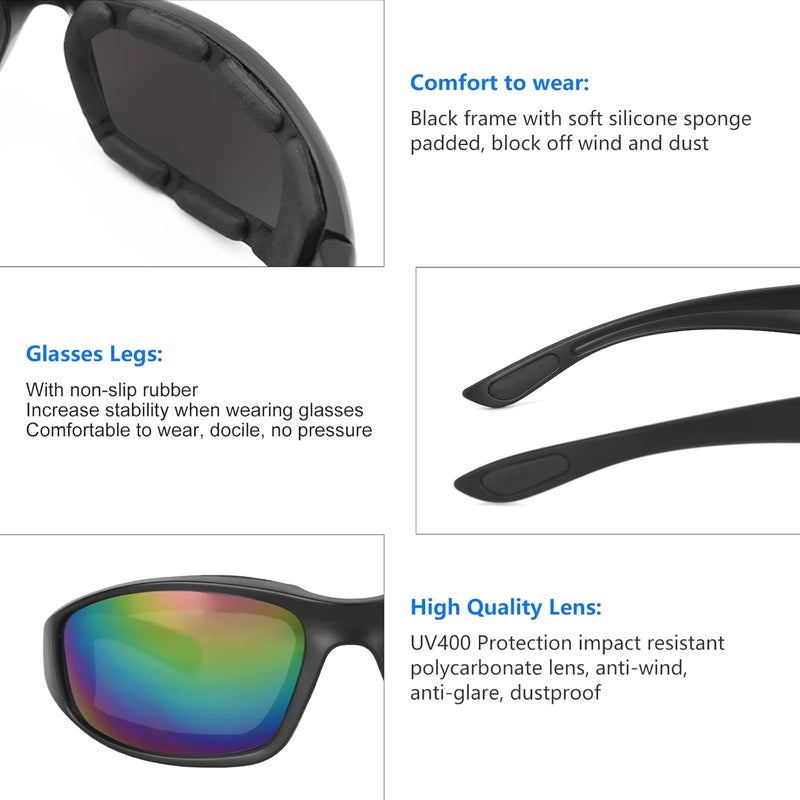 surpassme 3 Pair Motorcycle Riding Glasses Padding Goggles UV Protection Dustproof Windproof Motorcycle Sunglasses for Outdoor Actives - Image 3