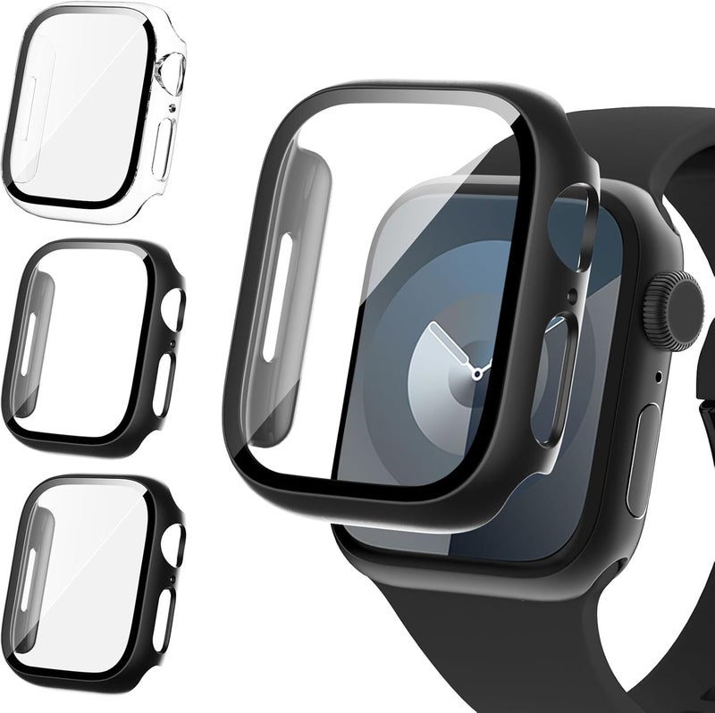 FULLIFE 3-Pack Hard PC Screen Protector Built-in Tempered Glass Case Compatible for Apple Watch 42mm Series 3/2/1,Overall Shockproof Bumper Suitable for iWatch 42mm(Black/Dark Grey/Transparent) - Image 1
