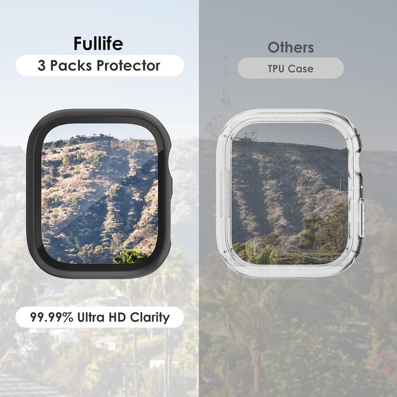 FULLIFE 3-Pack Hard PC Screen Protector Built-in Tempered Glass Case Compatible for Apple Watch 42mm Series 3/2/1,Overall Shockproof Bumper Suitable for iWatch 42mm(Black/Dark Grey/Transparent) - Image 2