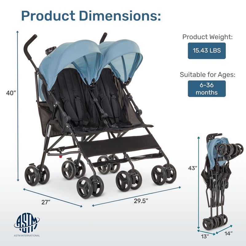 Dream On Me Twin Venture Umbrella Stroller in Light Blue Multi Backrest Positions Adjustable  Removable Canopy Double Stroller 360Swivel Wheels with Locks - Image 2