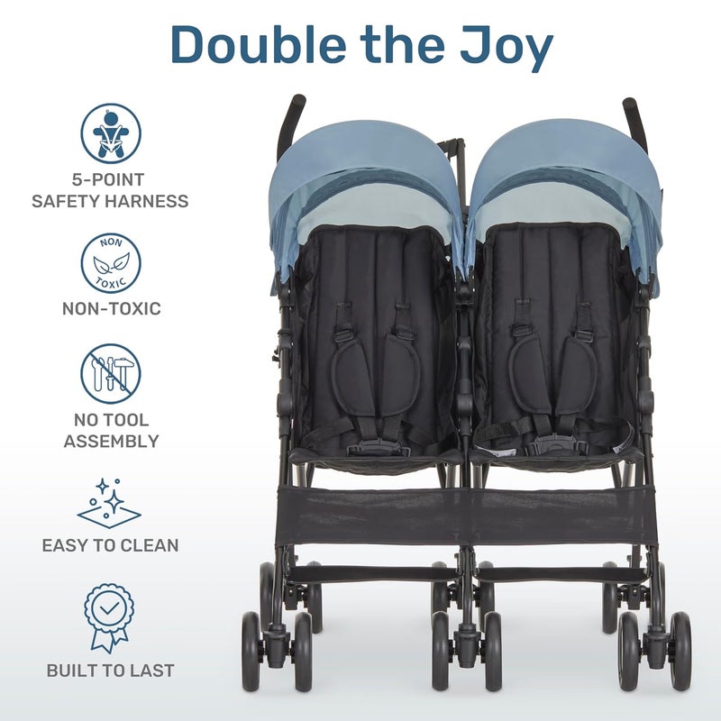 Dream On Me Twin Venture Umbrella Stroller in Light Blue Multi Backrest Positions Adjustable  Removable Canopy Double Stroller 360Swivel Wheels with Locks - Image 3