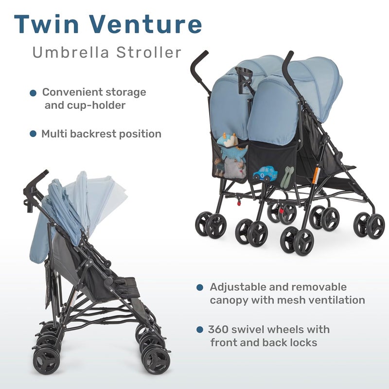 Dream On Me Twin Venture Umbrella Stroller in Light Blue Multi Backrest Positions Adjustable  Removable Canopy Double Stroller 360Swivel Wheels with Locks - Image 4