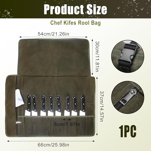 QEES Knife Roll,Chef Knife Bag,Knife Travel Case,Waxed Canvas Portable Knife Roll Bag with 10 Slots Plus 1 Zipper Pockets Can Hold Home Kitchen Knives Tools Up To 18.8”,Heavy Duty Knife Storage Bag - Image 2