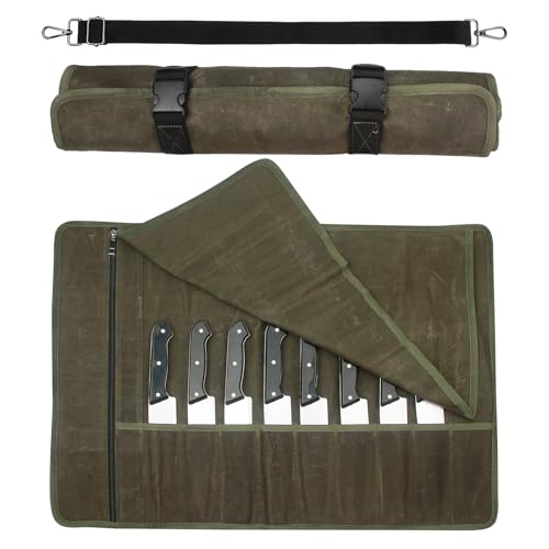QEES Knife Roll,Chef Knife Bag,Knife Travel Case,Waxed Canvas Portable Knife Roll Bag with 10 Slots Plus 1 Zipper Pockets Can Hold Home Kitchen Knives Tools Up To 18.8”,Heavy Duty Knife Storage Bag - Image 1
