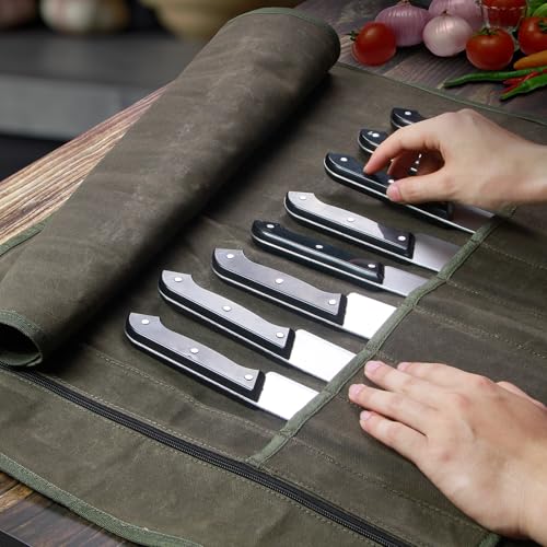 QEES Knife Roll,Chef Knife Bag,Knife Travel Case,Waxed Canvas Portable Knife Roll Bag with 10 Slots Plus 1 Zipper Pockets Can Hold Home Kitchen Knives Tools Up To 18.8”,Heavy Duty Knife Storage Bag - Image 5