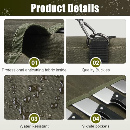 QEES Knife Roll,Chef Knife Bag,Knife Travel Case,Waxed Canvas Portable Knife Roll Bag with 10 Slots Plus 1 Zipper Pockets Can Hold Home Kitchen Knives Tools Up To 18.8”,Heavy Duty Knife Storage Bag - Image 3