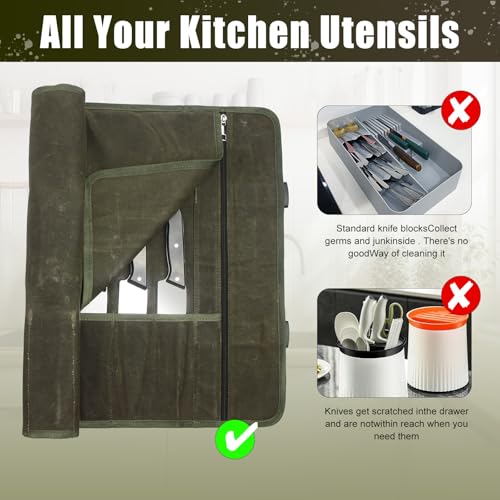 QEES Knife Roll,Chef Knife Bag,Knife Travel Case,Waxed Canvas Portable Knife Roll Bag with 10 Slots Plus 1 Zipper Pockets Can Hold Home Kitchen Knives Tools Up To 18.8”,Heavy Duty Knife Storage Bag - Image 4