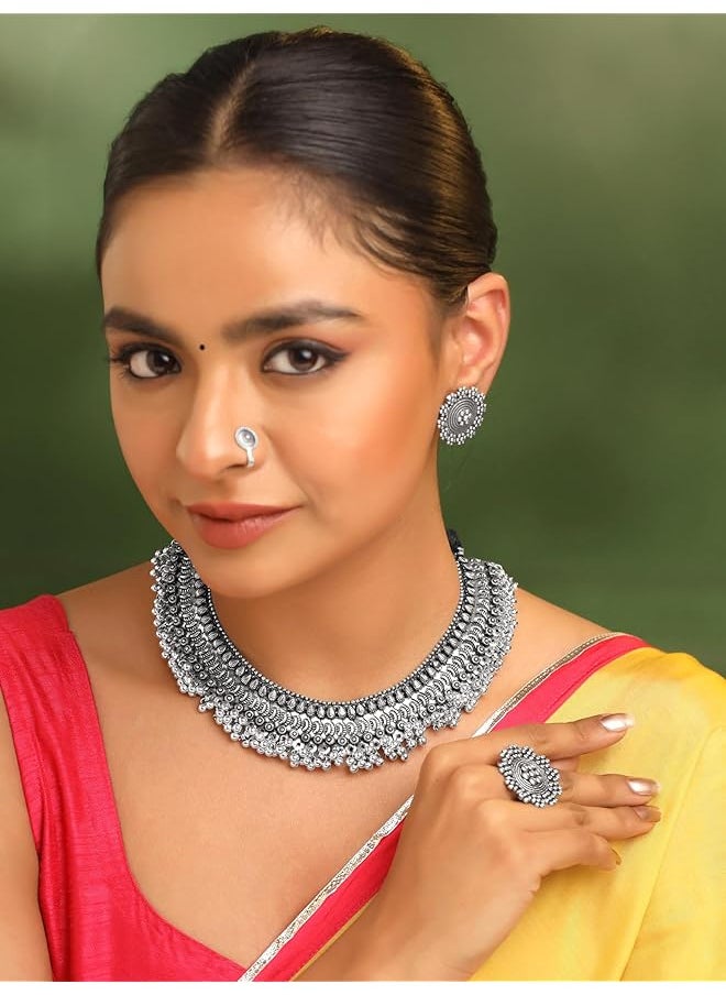 YELLOW CHIMES - Classic German Silver Oxidised Designer Crafted Traditional Choker Necklace Set With Ear Ring Jewelery Set For Women And Girls - Image 1
