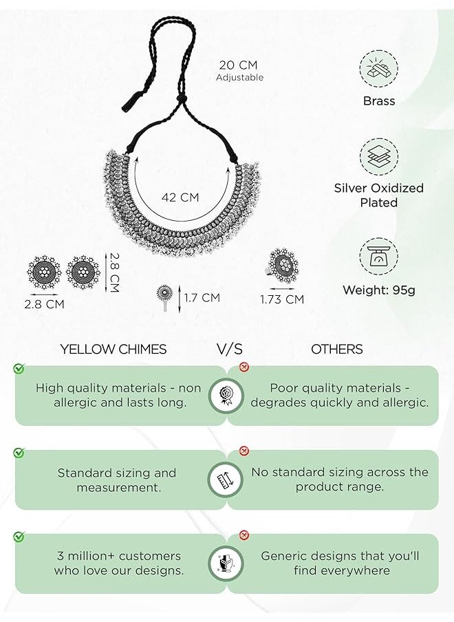 YELLOW CHIMES - Classic German Silver Oxidised Designer Crafted Traditional Choker Necklace Set With Ear Ring Jewelery Set For Women And Girls - Image 1
