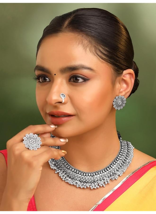 YELLOW CHIMES - Classic German Silver Oxidised Designer Crafted Traditional Choker Necklace Set With Ear Ring Jewelery Set For Women And Girls - Image 1