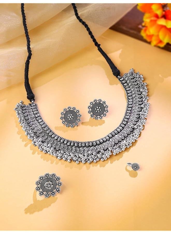 YELLOW CHIMES - Classic German Silver Oxidised Designer Crafted Traditional Choker Necklace Set With Ear Ring Jewelery Set For Women And Girls - Image 1