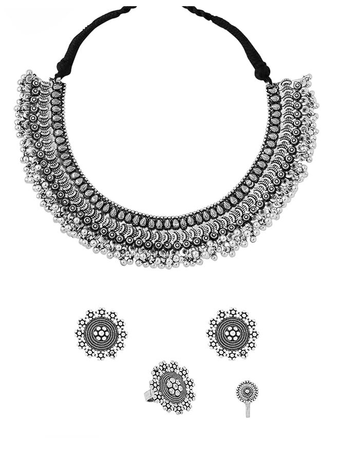 YELLOW CHIMES - Classic German Silver Oxidised Designer Crafted Traditional Choker Necklace Set With Ear Ring Jewelery Set For Women And Girls - Image 1
