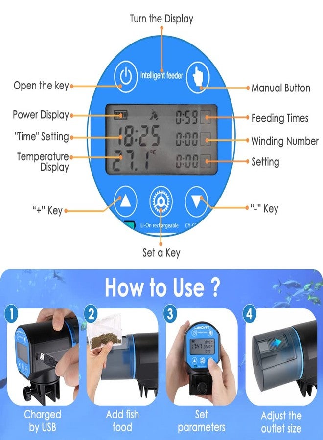 لوكوفي موزع طعام الأسماك الأوتوماتيكي من لوكوفي، مزود بشاشة عرض وقت التغذية، قابل لإعادة الشحن عبر منفذ USB، مقاوم للرطوبة، مناسب لأحواض السمك، بسعة كبيرة 200 مل، مزود بوظيفة قياس درجة الحرارة، لون أزرق - Image 5