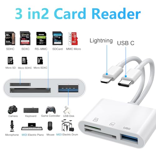 Aplimln SD Card Reader for iPhone iPad Mac, Lightning & USB-C Dual Connectors Memory Card Reader with SD/Micro SD/USB-A 3 Slots, Digital Camera Adapter to iPhone, Plug & Play - Image 2