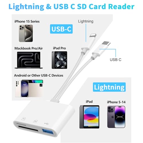 Aplimln SD Card Reader for iPhone iPad Mac, Lightning & USB-C Dual Connectors Memory Card Reader with SD/Micro SD/USB-A 3 Slots, Digital Camera Adapter to iPhone, Plug & Play - Image 3