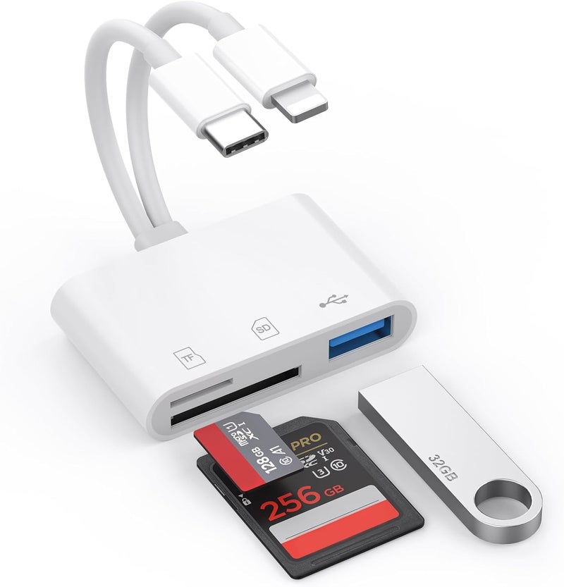 Aplimln SD Card Reader for iPhone iPad Mac, Lightning & USB-C Dual Connectors Memory Card Reader with SD/Micro SD/USB-A 3 Slots, Digital Camera Adapter to iPhone, Plug & Play - Image 1