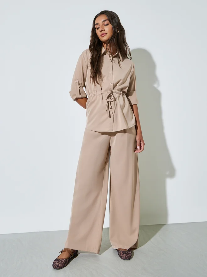 Styli Styli Beige Drawstring Waist Shirt and Wide Leg Pants Set